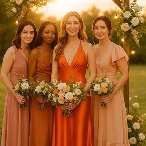 Jessica McClintock Burnt Orange Tie Neck Maxi Dress Formal Evening Gown 11/12